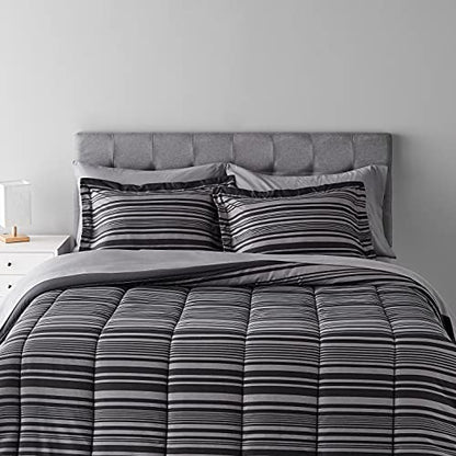 Amazon Basics Full/Queen Comforter Set with Sheets, 7-Piece Gray Calvin Stripe Bedding, Lightweight Microfiber Bed-in-a-Bag, Striped - color: Gray Calvin Stripe, size: Full/Queen, style: 1-Pack