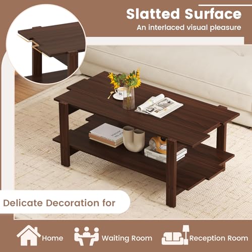 GIANTEX Coffee Table with Storage, 45 Inch Modern Center Table with Slatted Design & Side Rail Support, Rectangular Living Room Table for Small Spaces, Walnut - color: Walnut