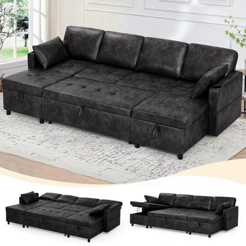110 inches Suede Leather Sleeper Sofa w/Pull Out Bed, Black | U-Shape Sectional Sofa Bed w/Adjustable Backrest and Storage Chaises, 4-Seats Upholstered Sofa Bed w/USB Port for Living Room - color: Black, size: 110"