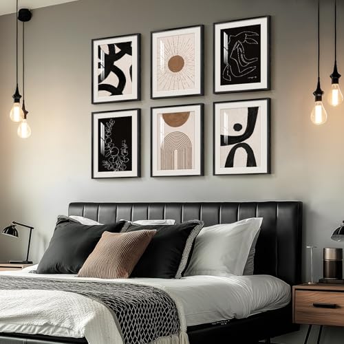 Framed Boho Black and White Brown Modern Abstract Wall Art for Living Room, Set of 6 Bohemian Wall Hanging Artwork, Minimalist Sun Geometric Pictures for Bedroom Office Bathroom Wall Decor 11x14 Inch - color: Boho Style
