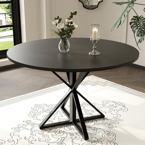 GarveeHome 47 Inch Round Dining Table for 4-6-Black/Only Table | Circle Kitchen Table with Pedestal Base, Farmhouse Wooden Dining Table for Small Spaces, Kitchen & Dining Room, Living Room - color: Black
