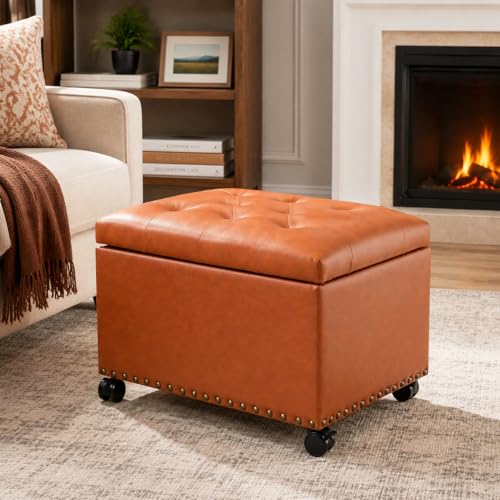 PU Leather Rolling Storage Ottoman, 24" Tufted Lid, Nailhead Trim & Hidden Storage,Elegant Footrest & Organizer on Caster Wheels for Living Room, Bedroom, Entryway(Orange Brown,Wheels) - color: Orange Brown,wheels