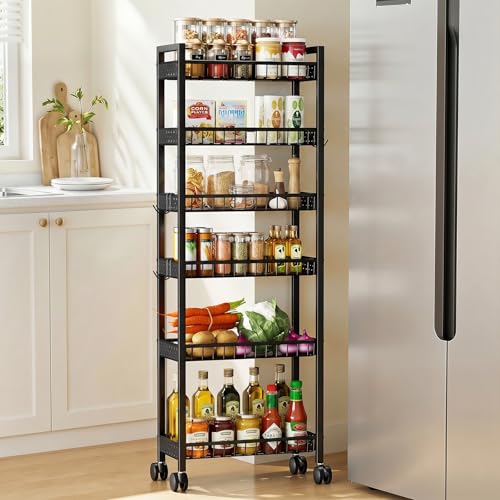 6 Tier Slim Storage Cart, Narrow Rolling Cart with Wheels, 6in(W) | Narrow Mobile Utility Shelf Unit Organizer for Kitchen, Bathroom, Laundry Room, Living Room, Small Places, Black - color: Black, size: 6 Tier(6 in)