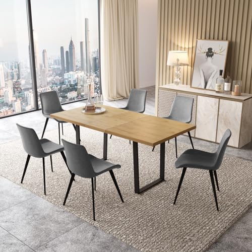 Mid-Century Extendable Dining Table Set, 51"-67", 6 Upholstered Chairs - color: Table With 6 Gray Chairs, size: 51"-67"