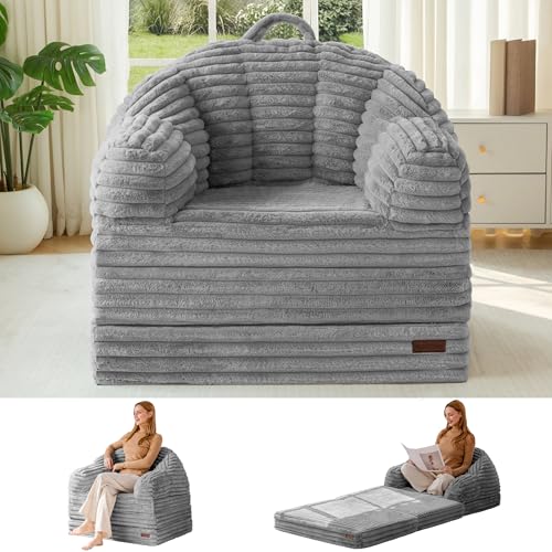 MAXYOYO Folding Sofa Bed Chair, Sleeper Chair for Adults, Faux Fur, Single | 2-in-1 Fold-Out Chair Bed, Convertible Floor Lounger with Carry Handle for for Reading or Relaxing, Grey - color: Grey