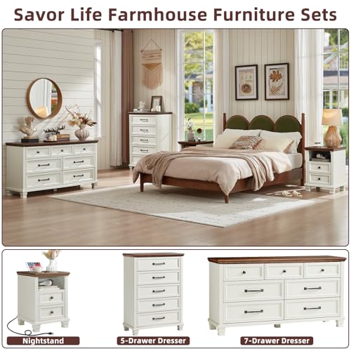 Farmhouse Side Table with Charging Station, White | Antique Nightstands for Bedroom with Drawers, Bedside Table with Open Shelf & Thickened Top & Square Wooden Legs - color: White, size: 18"D x 18"W x 25"H (2 Drawers)