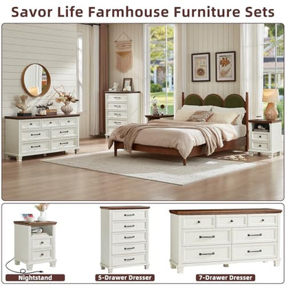 Farmhouse Side Table with Charging Station, White | Antique Nightstands for Bedroom with Drawers, Bedside Table with Open Shelf & Thickened Top & Square Wooden Legs - color: White, size: 18"D x 18"W x 25"H (2 Drawers)