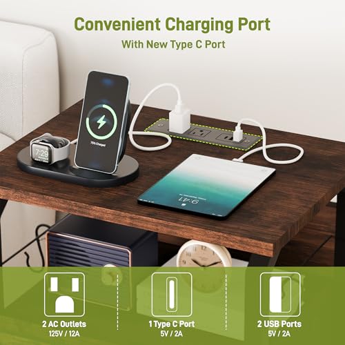 runjuly End Tables Set of 2 with Charging Station, LED Lights, Hooks, Brown | 3 Large Fabric Drawers, USB C Ports & Power Outlets, Metal Night Stand Pair, Storage Nightstand for Living Room / Bedroom - color: Rustic Brown, style: Larger+Taller Set of 2