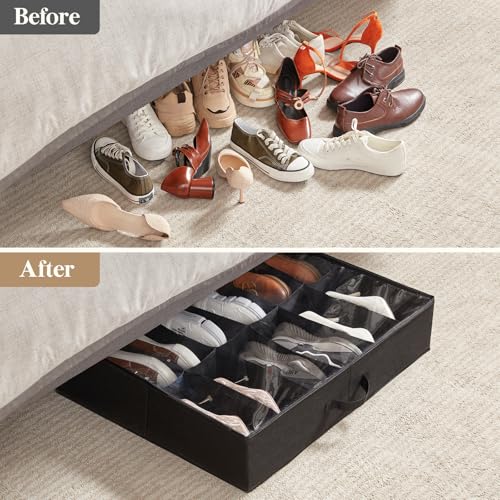 Lifewit Under Bed Shoe Storage Organizer 2 Pack(12 Shoes Cells), 4.3 Inches Profile Fabric Shoes Container Box with Clear Cover, Foldable Storage Bag with 2 Handles, Fits 12 to 24 Pairs - style: 12 Shoes Cells