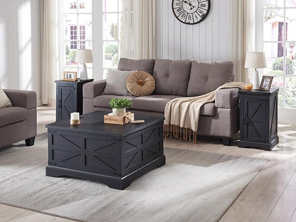 Farmhouse 17" Nightstand with Charging Station, Black | Rectangular/ Rustic End Table with Barn Door /Adjustable Shelf/ Wood Sofa Side Table/ for Living Room, Bedroom - color: Black Color