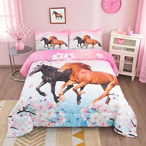 Feelyou Kids Horse Bedding Set Chic Cherry Blossom Bedding Comforter Set for Girls Teens Galloping Horse Printed Comforter 3D Wild Animal Duvet Set Bedroom Decor Quilt Set 3Pcs Queen Size - color: Multi 8011, size: Queen