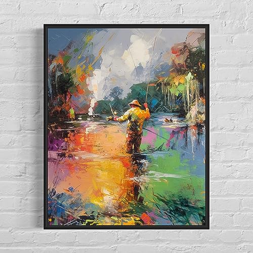 Fishing Art Print Poster, Wall Art Painting Decor. Paint Splash Style Artwork. (Fishing, 11x14 inches + (Black Frame)) - color: Fishing, size: 14"L x 11"W