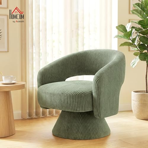 HOMCOM 360° Swivel Accent Chair Corduroy Upholstered Barrel Chair Green | Modern Armchair, Thick Padding, Living Room, Bedroom, Reading Room