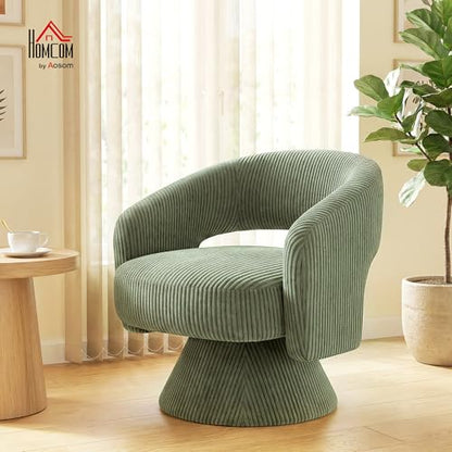 HOMCOM 360° Swivel Accent Chair Corduroy Upholstered Barrel Chair Green | Modern Armchair, Thick Padding, Living Room, Bedroom, Reading Room