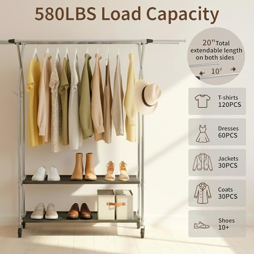 HAPPY CHEERS Heavy Duty Clothes Rack,Double Rods Clothing Rack for Hanging Clothes,Rolling Clothing Racks with Wheels,Metal Garment Rack for Bedroom Laundry Living Room,Silver | Double Rods Clothing Rack for Hanging Clothes, Rolling Clothing Racks with Wh