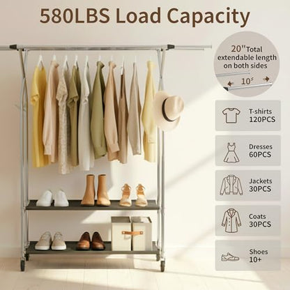 HAPPY CHEERS Heavy Duty Clothes Rack,Double Rods Clothing Rack for Hanging Clothes,Rolling Clothing Racks with Wheels,Metal Garment Rack for Bedroom Laundry Living Room,Silver | Double Rods Clothing Rack for Hanging Clothes, Rolling Clothing Racks with Wh