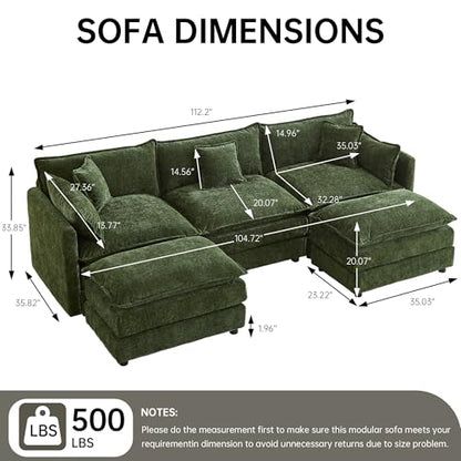 Modular Sectional Sofa, 112.2 Inch U Shaped Couch Set with Armrests, 3-Seater Comfy Cloud Couches for Living Room Apartment, Green - color: Green, size: 112'' - U Shape
