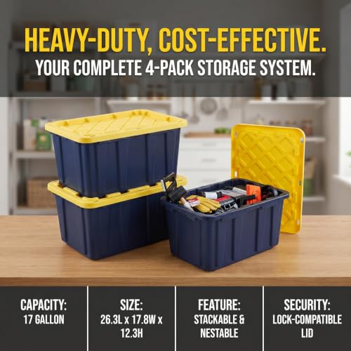 4 Pack 17 Gallon Stackable Storage Bins with Lockable Lids, Black & Yellow | Heavy-duty plastic, stackable & nestable, lock-compatible lid, garage/home/office/moving use, 26.3"x17.8"x12.3" each