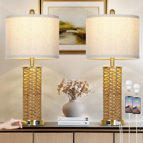 CINSARY 27" Natural Rattan Table Lamps Set of 2, Boho Bedside Lamp for Bedroom with Night Light, Woven Wicker Nightstand Lamps with 2 USB Ports & AC Outlet, Tall Farmhouse Living Room Lamp, Gold - color: Rattan and Gold