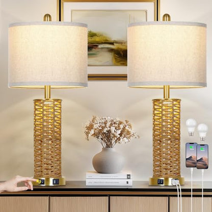 CINSARY 27" Natural Rattan Table Lamps Set of 2, Boho Bedside Lamp for Bedroom with Night Light, Woven Wicker Nightstand Lamps with 2 USB Ports & AC Outlet, Tall Farmhouse Living Room Lamp, Gold - color: Rattan and Gold