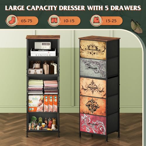 WLIVE Tall Dresser for Bedroom, 5 Drawer Dresser, Pattern | 5 vertical fabric drawers, Tall vertical design, Bedroom or closet use, Dresser for small spaces, Chest of drawers - color: Pattern