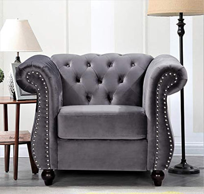 GDFStudio 82.6" Velvet Sofa Set, Modern Living Room Couch Set, Upholstered Sofa Loveseat Chair Set, Chesterfield with Button Tufted Back Rolled Arms Wood Tapered Feet for Apartment Living Room, Gray - color: Grey, size: 3+2+1 Seat