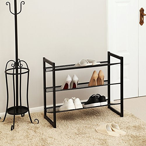 SONGMICS Metal Shoe Rack, 3-Tier Shoe Orgainzer, Holds 9-12 Pairs | Stackable Shoe Storage Shelf for Garage, Adjustable Flat or Angled Shelves, Ink Black, DARREN Collection ULMR03B - color: Ink Black, size: 3 Tiers (29.1''W)