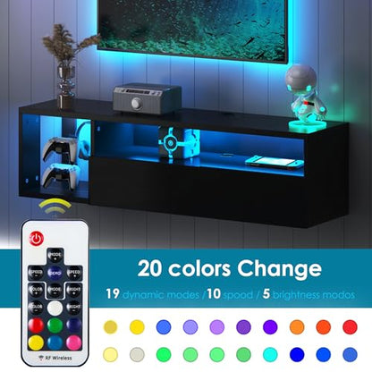 sogesfurniture 39.3'' Floating Wall TV Cabinet Stand with LED Lights, Wall Mounted Entertainment Center with Storage Shelves, Modern High Gloss Media Console for Living Room, Bedroom - size: 39.3"-Black