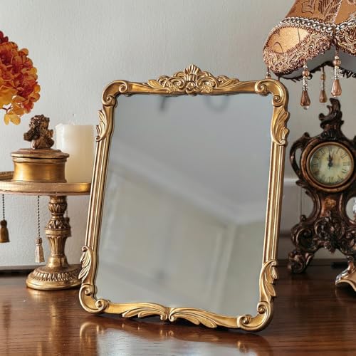 SIKOO 8x10 Inch Vintage Mirror Bronze Decorative Wall Mirror Makeup Mirror for Table Antique Home Decor Ornate Brass Arch Wall Art Resin and Premium Glass - color: Bronze