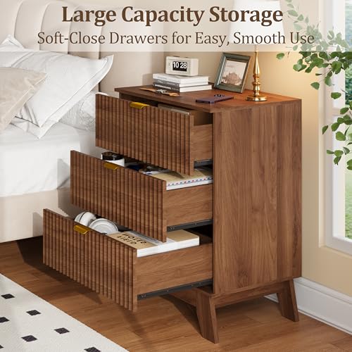 Fluted Nightstand with 3 Large Drawers, Wooden Side End Table with Elevated Legs for Easy Cleaning, Sturdy Modern Beside Table for Small Space, Bedroom, Walnut, 24" L - color: Walnut