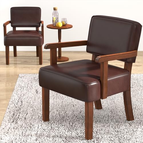 Accent Chairs Set of 2, 2 Solid Wood Armchairs with Table | Faux Leather Chair with Soft Thicken Cushion, Comfy Reading Chair for Bedroom, Waiting Room, Home Office, Easy Assembly - color: Faux Leather Cherry, size: Set of 2 with table