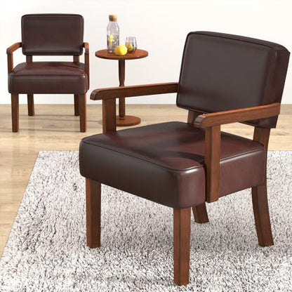 Accent Chairs Set of 2, 2 Solid Wood Armchairs with Table | Faux Leather Chair with Soft Thicken Cushion, Comfy Reading Chair for Bedroom, Waiting Room, Home Office, Easy Assembly - color: Faux Leather Cherry, size: Set of 2 with table