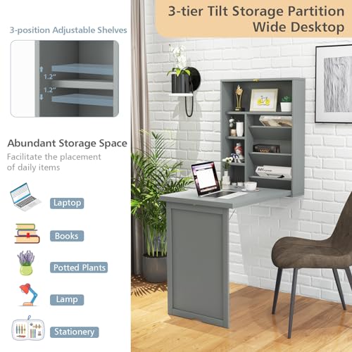 GOFLAME Wall Mounted Folding Desk with 3-Tier Tilt Storage Partition and Adjustable Shelves, Space-Saving Convertible Writing Desk for Home Office, Gray - color: Grey