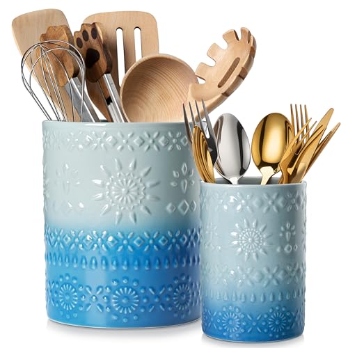 LOVECASA 7.2"+5.4" Ceramic Utensil Holder Set of 2, Coastal Crock | Easy to Clean, Heavy-Duty, Anti-Slip Base, For Spatulas, Ladles, Whisks, and Flatware, Coastal Decor, Also as Vase or Planter - color: Oceans, size: 7.2"+5.4" (Set of 2)