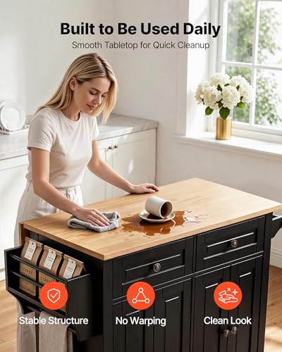 VEVOR Kitchen Island Cart with Storage, 43.58 in Wide Mobile Rolling Storage Island on Swivel Wheels, with 2 Drawers, Storage Cabinet, Drop Leaf, Spice/Towel Rack, Table for Home Dining Room, Black | Home Dining Meal Prep Station With Spice Towel Rack Hoo