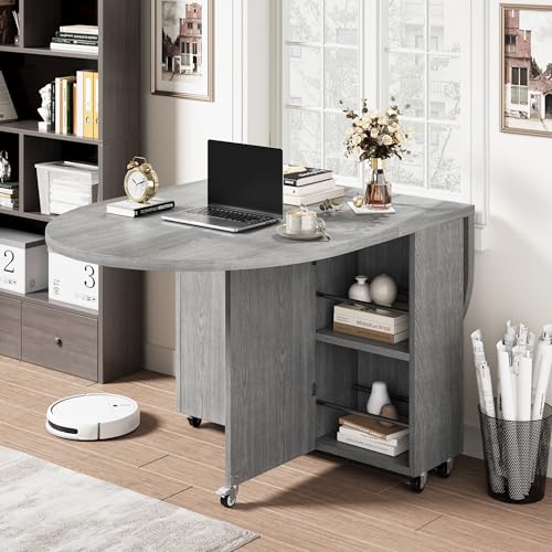 Jocoevol Round Folding Dining Table for 6, Space Saving Drop Leaf Kitchen Table with Storage Drawer, 6 Wheels Oval Gateleg Foldable Dining Table for Small Spaces (Grey, 51" x 31.5" x 30") - color: Grey