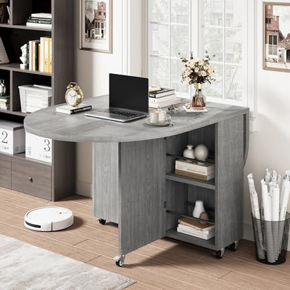 Jocoevol Round Folding Dining Table for 6, Space Saving Drop Leaf Kitchen Table with Storage Drawer, 6 Wheels Oval Gateleg Foldable Dining Table for Small Spaces (Grey, 51" x 31.5" x 30") - color: Grey