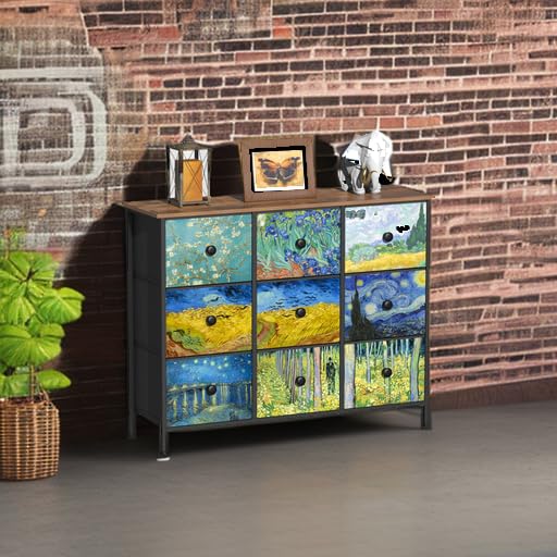 EXOTICA Van Gogh 9 Drawers Dresser Wide TV Stand Colorful Dressers & Chest of Drawers Enterway Furniture for Bedroom Living Room Hallway Closets Steel Frame Wood Top - size: 39.1"D x 11.8"W x 30.5"H (9 Drawers)