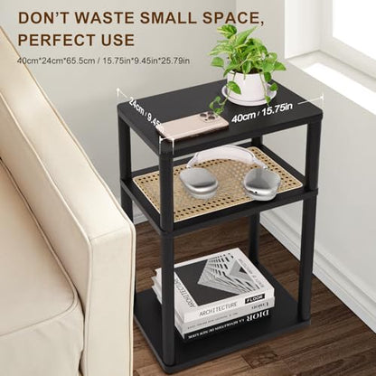 YGYQZ Rattan End Table, 3-Tier Narrow Side Table with Storage, Black | Space-Saving Design, Slim Storage, Sturdy Construction, Modern Style, Ideal for Living Rooms & Bedrooms - color: Narrow-black