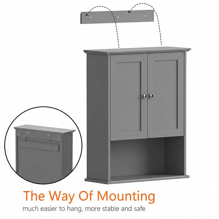 Medicine Cabinet, Over The Toilet Storage Cabinet, 24x30 Inch Wall Mount Bathroom Storage Cabinet with 2 Doors & Adjustable Shelf, Wooden Bathroom Wall Cabinet, Grey - color: Grey