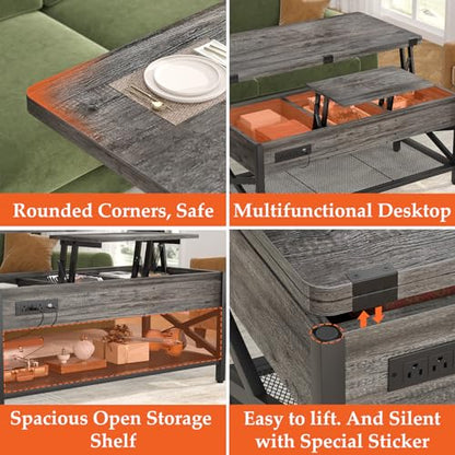 Aheaplus Coffee Table Lift Top Multi-Function Coffee Table Converts to Dining Table, with LED Light and Power Outlet, Center Table with Shelves for Living Room Reception Home Office, Black Oak - color: Black Oak