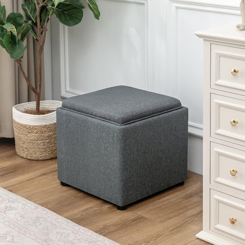 Storage Square Ottoman with Tray, Small Linen Foot Rest Stool Cube, Coffee Table for Dorm Living Room Bedroom, Gray - color: Tray, Grey