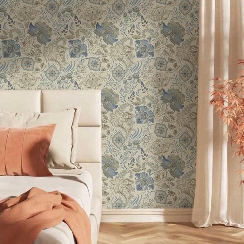 MuralPeel Beige Grey Blue Paisley Flowers Peel and Stick Wallpaper Self Adhesive Removable Easy Peel Off Stick on Wall Paper for Bedroom Cabinet Renter - color: Blue/Cream, size: 17.7" x 118.1"