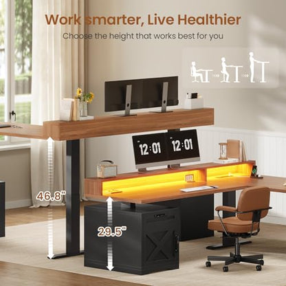 SEDETA Farmhouse L Shaped Standing Desk, 70.1" x 73.2" Height Adjustable Home Office Executive Desk with Drawers, Power Outlet, Monitor Stand, Sit Stand Table with Led Lights for Home Office, Black - color: Black