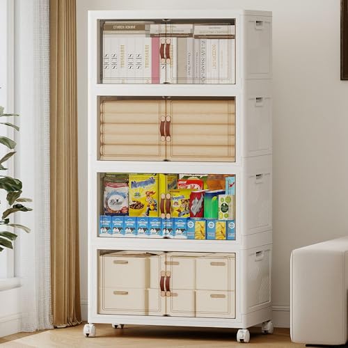 384QT Extra Large Stackable Storage Bins with Lids & Wheels & Door, | 96Gal Foldable Collapsible Closet Organizers, Plastic containers drawers for bedroom Dorm - color: White