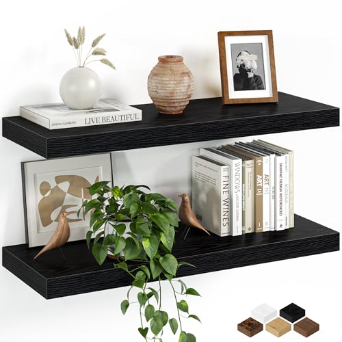 Fun Memories Floating Shelves for Wall, 24 Inch Set of 2 Rustic Wood Wall Shelves with Invisible Brackets, Heavy Duty Storage Display for Living Room Bedroom Kitchen, Black - color: Black, size: 24"W x 6.5"D, Set of 2