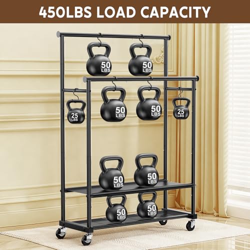 Rolling Clothes Rack with Doule Rod for Hanging, Heavy Duty Metal Garment Rack Load 450 LBS with Lockable Wheel, Free Standng Clothing Rack with 2 Shelves and Side Hooks for Home Commercial, Black - color: Black