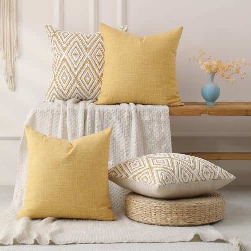 HPUK Throw Pillow Covers 20x20, 4 Pack, Ochre Textured Couch Pillow Covers | Polyester fabric, patterned and solid designs, hidden zippers, machine washable, for sofas and beds, inserts not included - color: Ochre, size: 20" x 20" (Pack of 4)