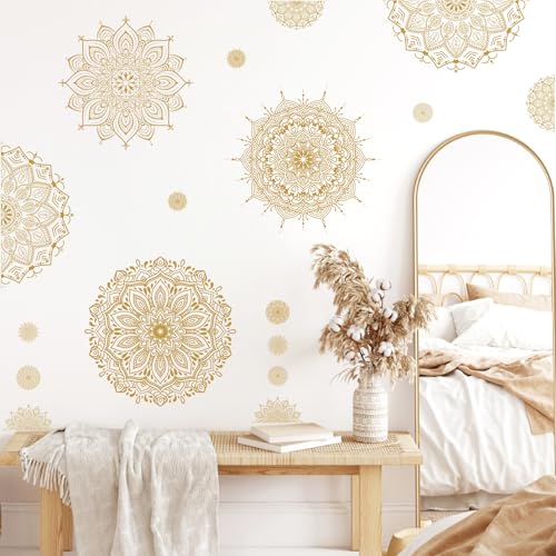 Large Mandala Wall Sticker Peel and Stick Boho Lotus Flower Wall Stickers Decor Mandala Floral Window Decals Clings Headboard Gold Mandala Wall Art Decal for Bedroom Living Room Yoga Decoration - color: Gold-big