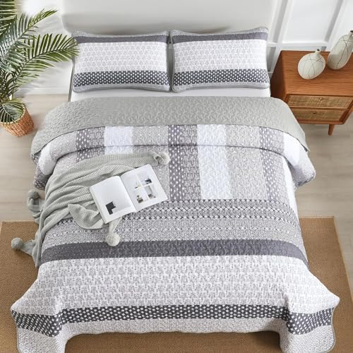 WONGS BEDDING Grey Full Size Quilt Set, Bohemian Striped Bedspreads | Reversible Boho Bedspread with Grey Accents, Lightweight Microfiber Coverlet for All Seasons (78"x90") , OEKO-TEX - color: Grey, size: Full